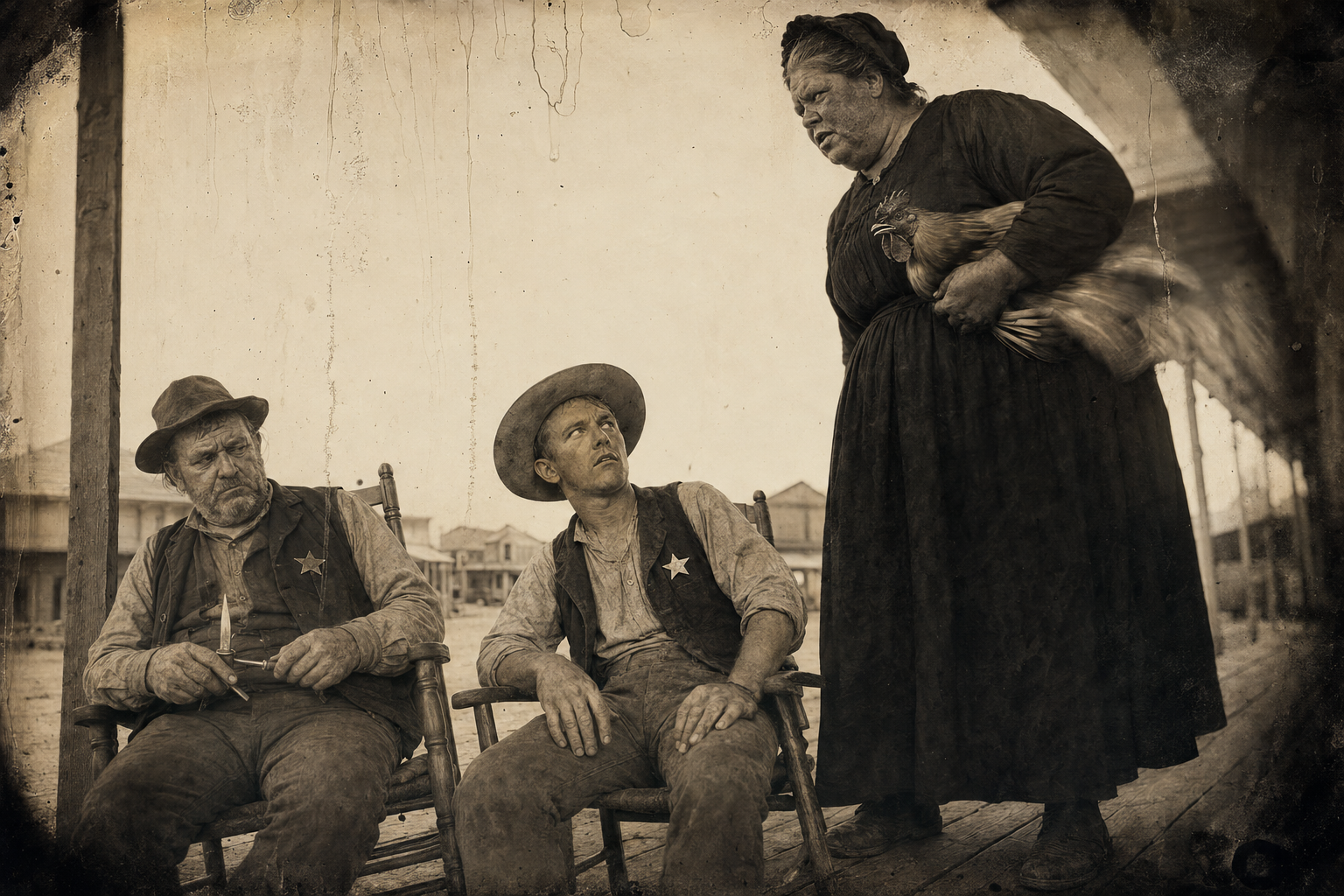 Peach stands over the two seated men and asks July when he is aiming to start after that murderer.