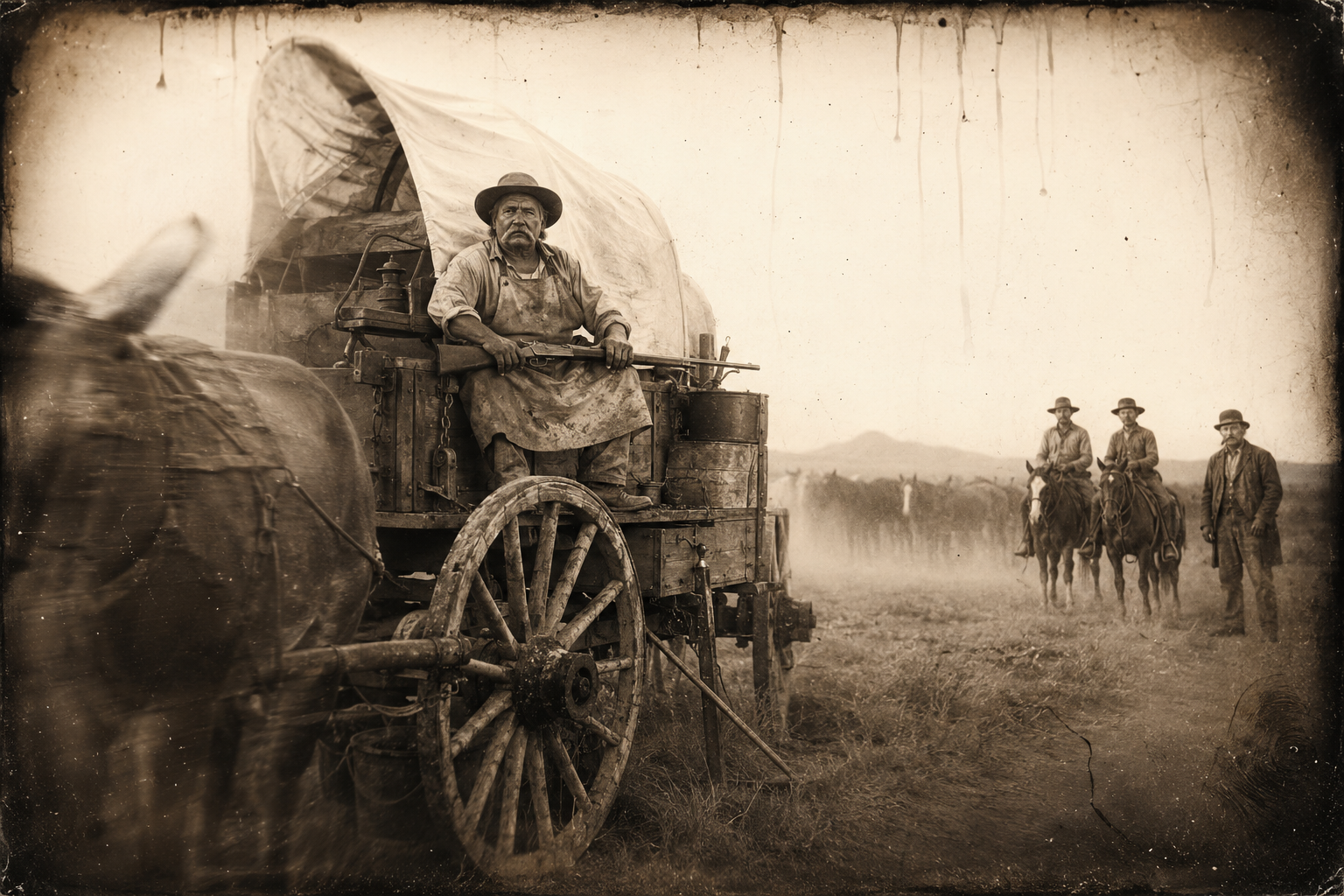Bolivar rides the wagon seat with the ten-gauge across his lap, Lippy and the Spettle boys holding the horse herd well back out of the dust.