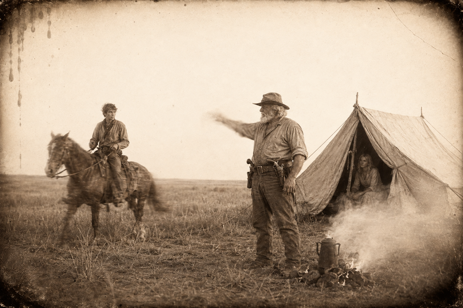 Sunrise: Gus stands outside his little tent complaining about cooking with buffalo chips and waves Newt over for a cup of coffee to cut the grief.