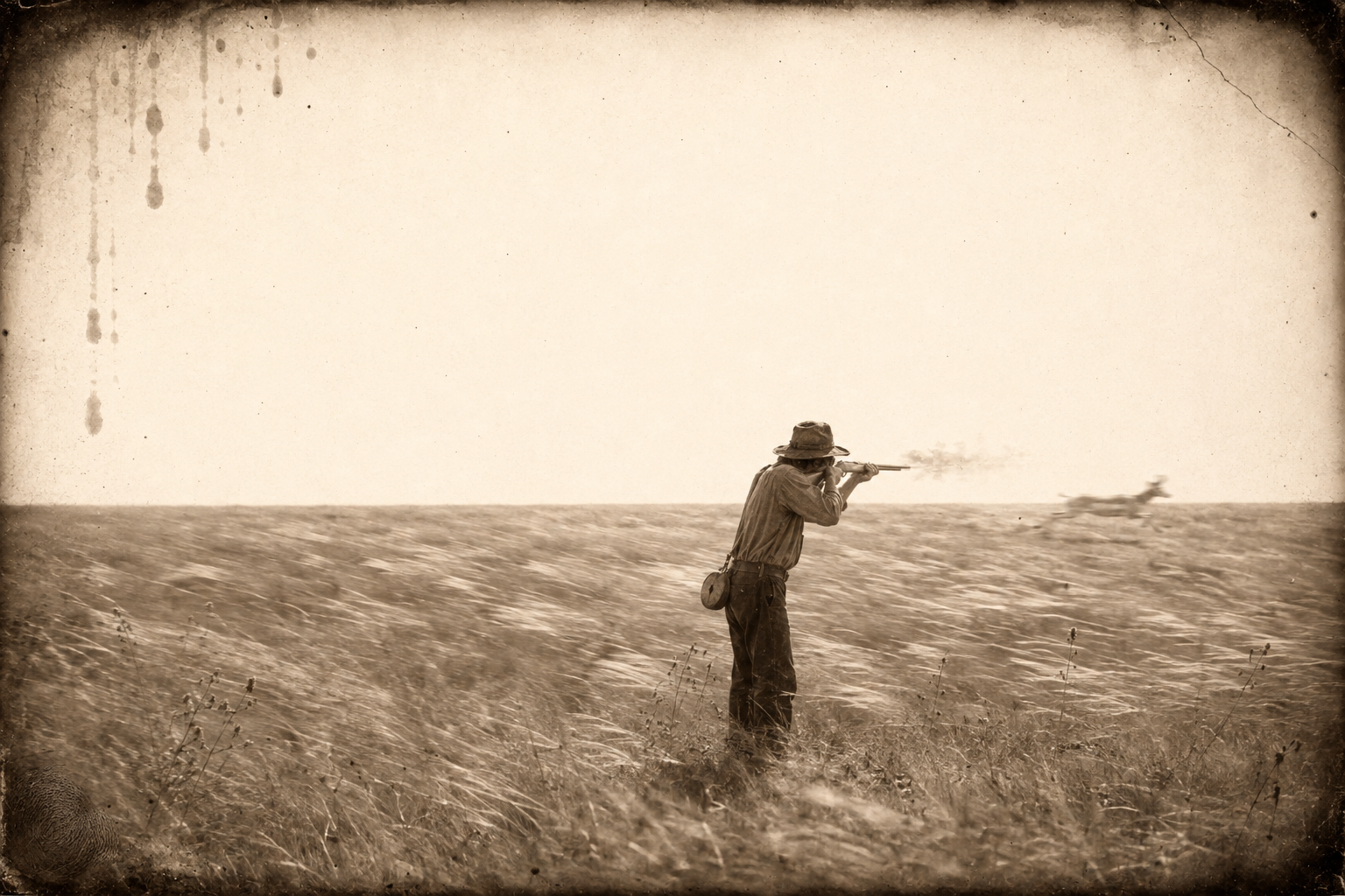 Walking east through the brown wavy grass with his water gone, he tries a long shot at a deer and misses.