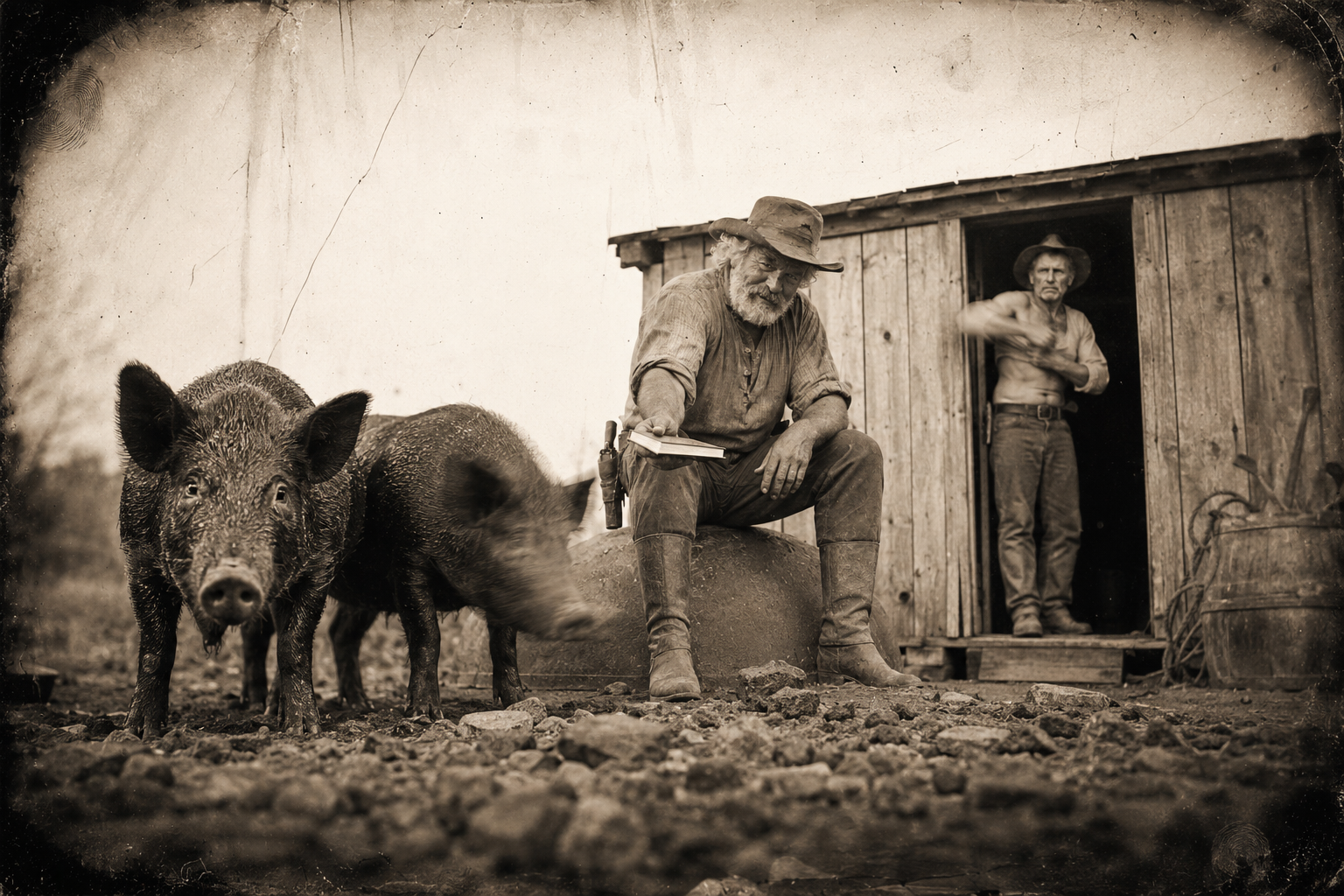 The two pigs come round the corner of the house and stand square in front of Augustus, hoping to be fed the Bible, as Call steps out the back door pulling on his shirt.