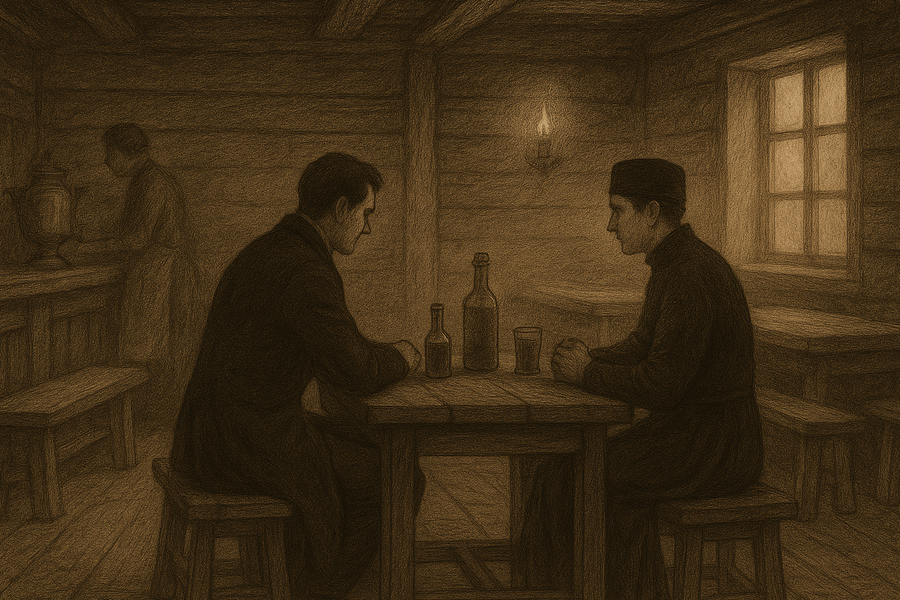 Ivan and Alyosha bent in conversation at a small tavern table.