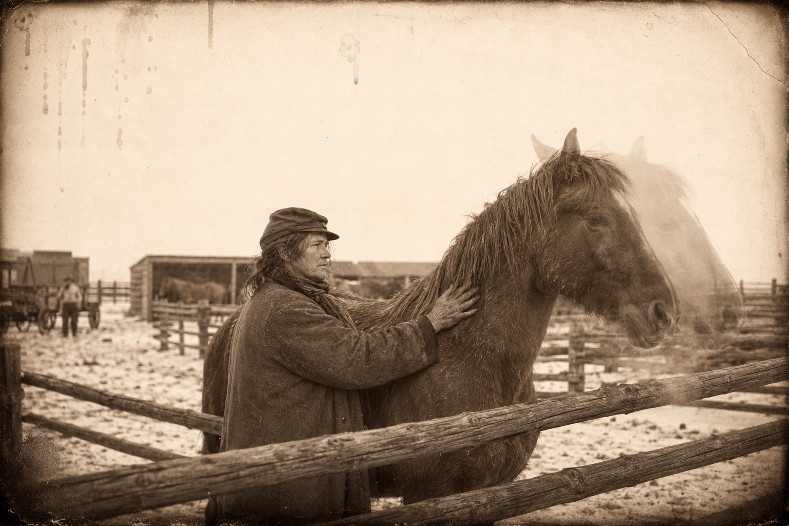 Her temper spent, Clara goes into the lots and rubs the sorrel stallion's neck for ten minutes before walking back to the house.