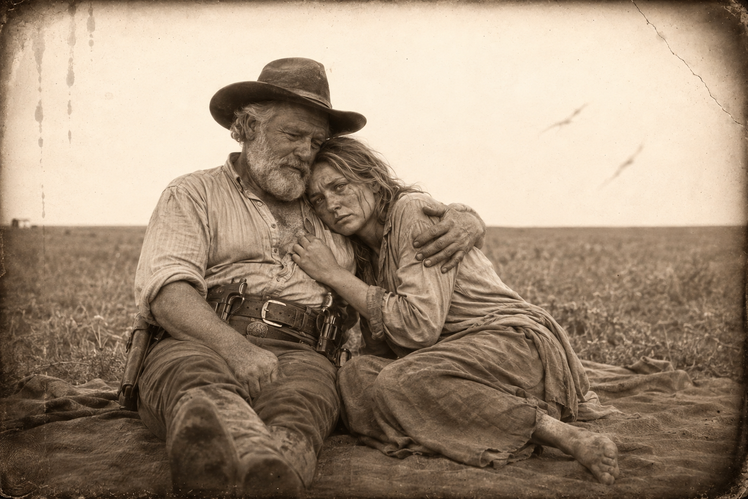 Lorena, crying against Augustus's chest on the saddle blanket, offers him a free poke and he gently tells her to take her time.