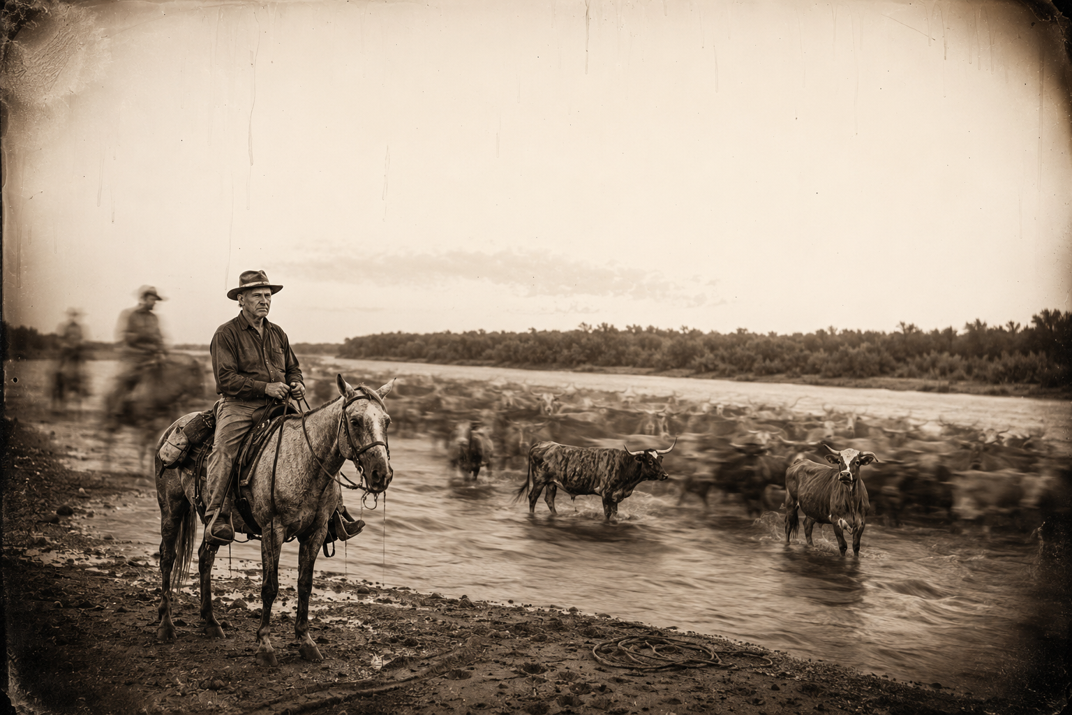 Call comes back across the river at first light on the Hell Bitch with two or three hundred stolen Mexican cattle, having worked the night shift as he does every night.