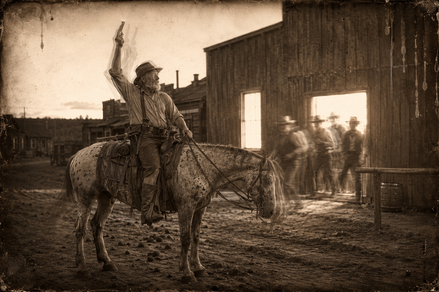 At dark in Miles City, tied to Custer's saddle outside the saloon, he fires his pistol until men come out, names himself, and asks for a medical man.
