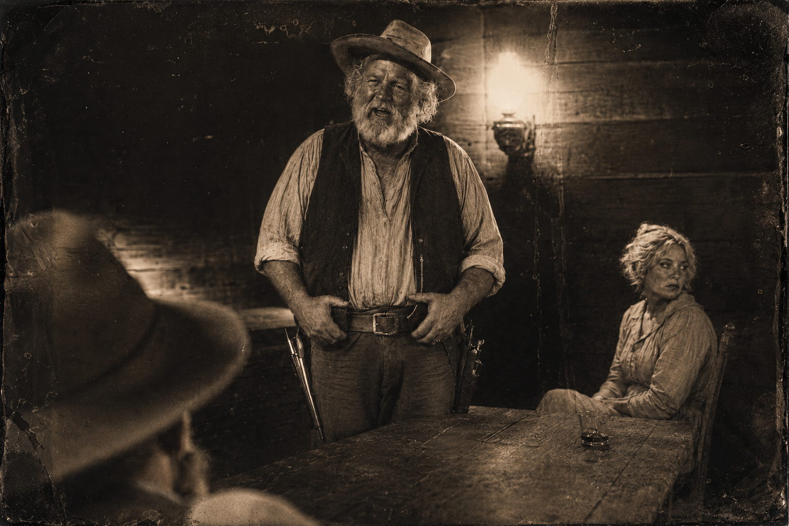 "Loan me two dollars, Gus." — "Not me. Why would I loan money to a loafer?" Augustus stands over the table and refuses him.