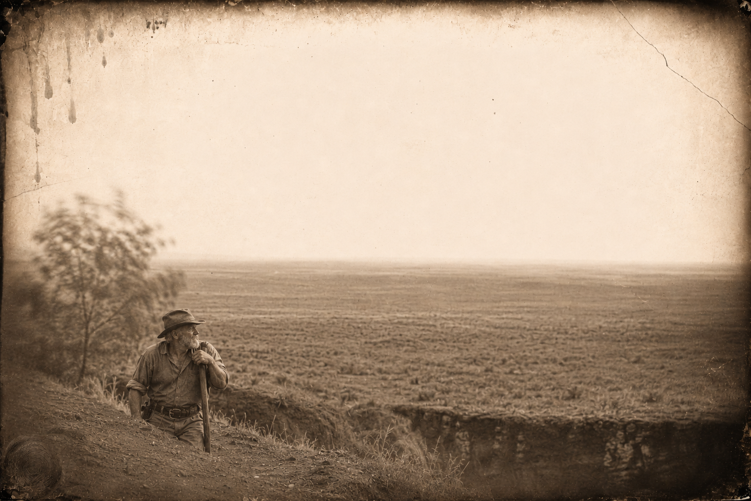 He edges cautiously up the game trail out of the riverbed, sees no Indians, and finds the broad plain empty for miles.