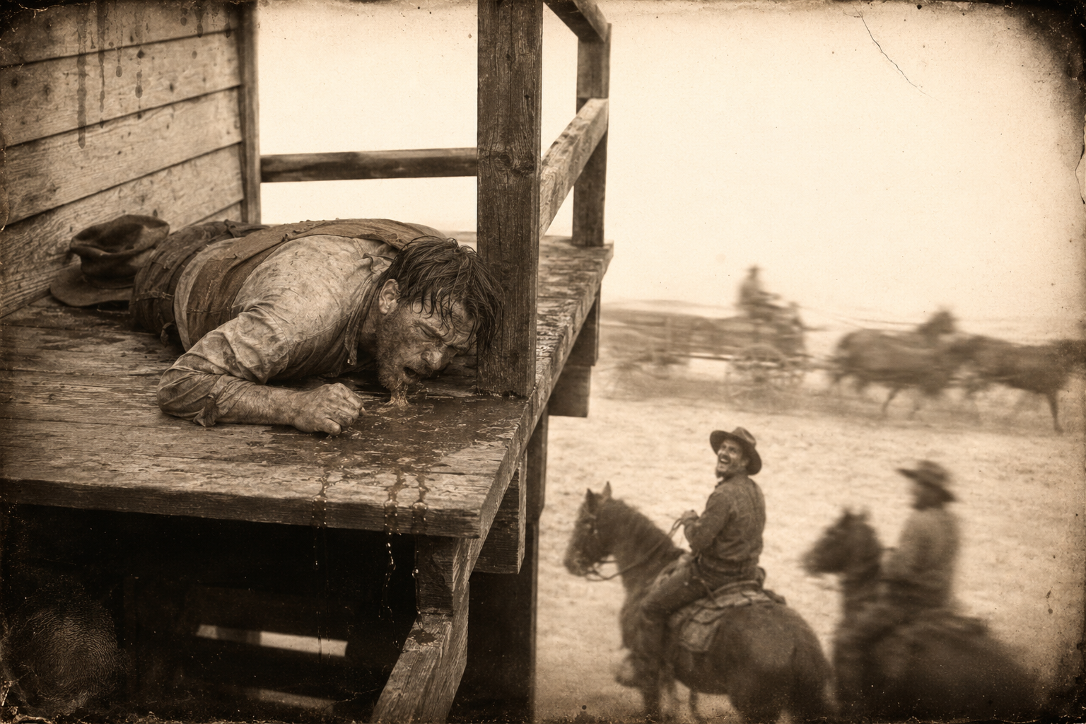 July lies flat on the outside stair landing vomiting over the edge while cowboys ride past below and one of them looks up and laughs.