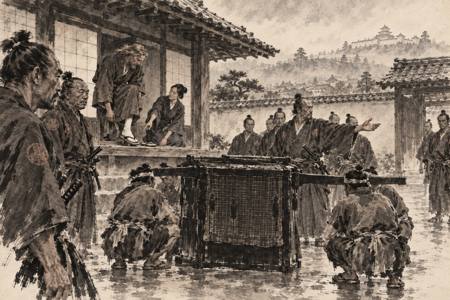 The curtained palanquin waits