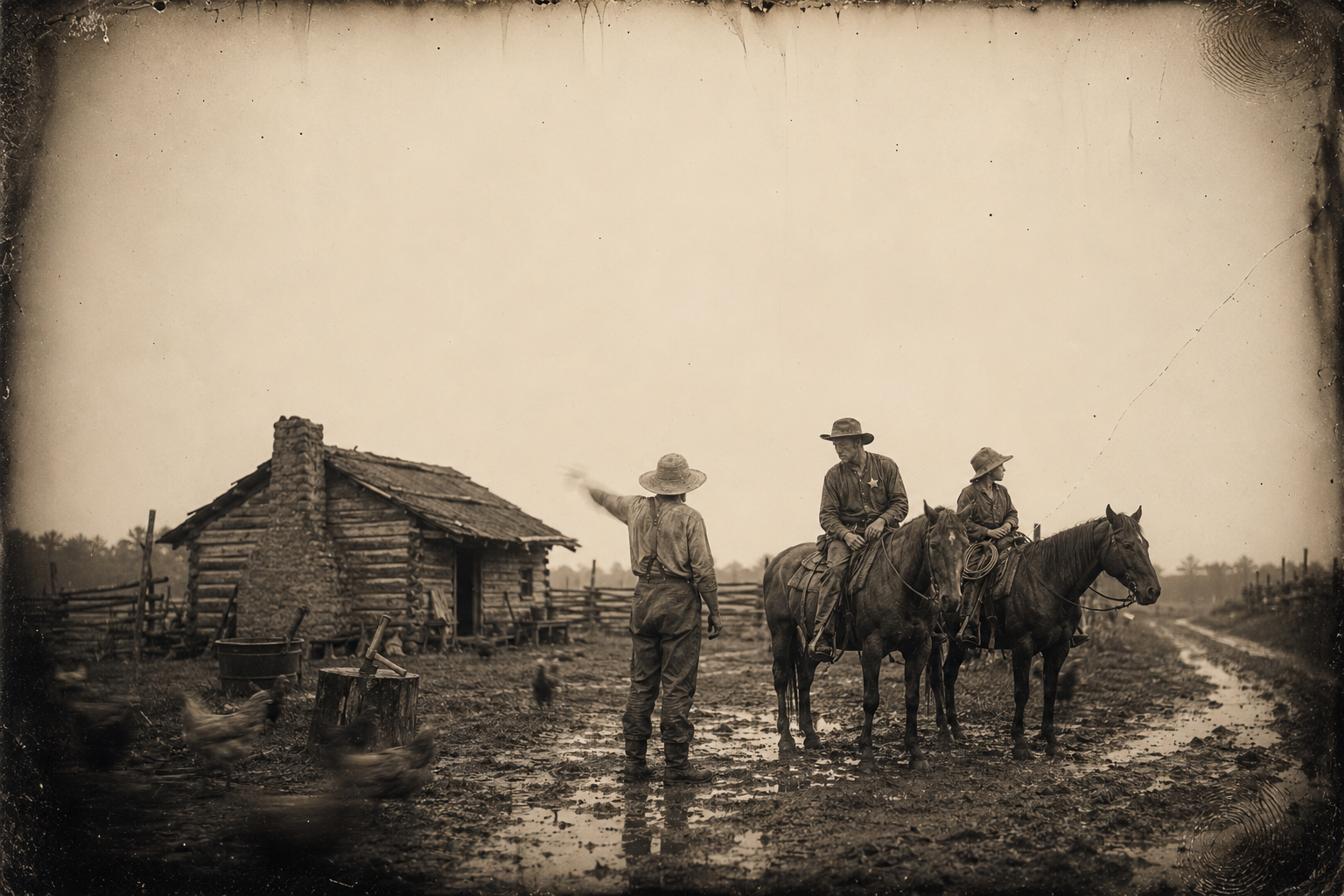At a farm gate July asks the farmer whether Jake Spoon has passed, and does not get down from his horse.