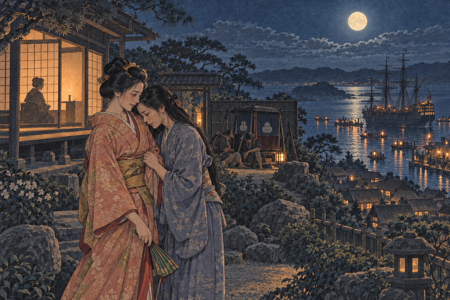 Kiku and Midori in the moonlit garden