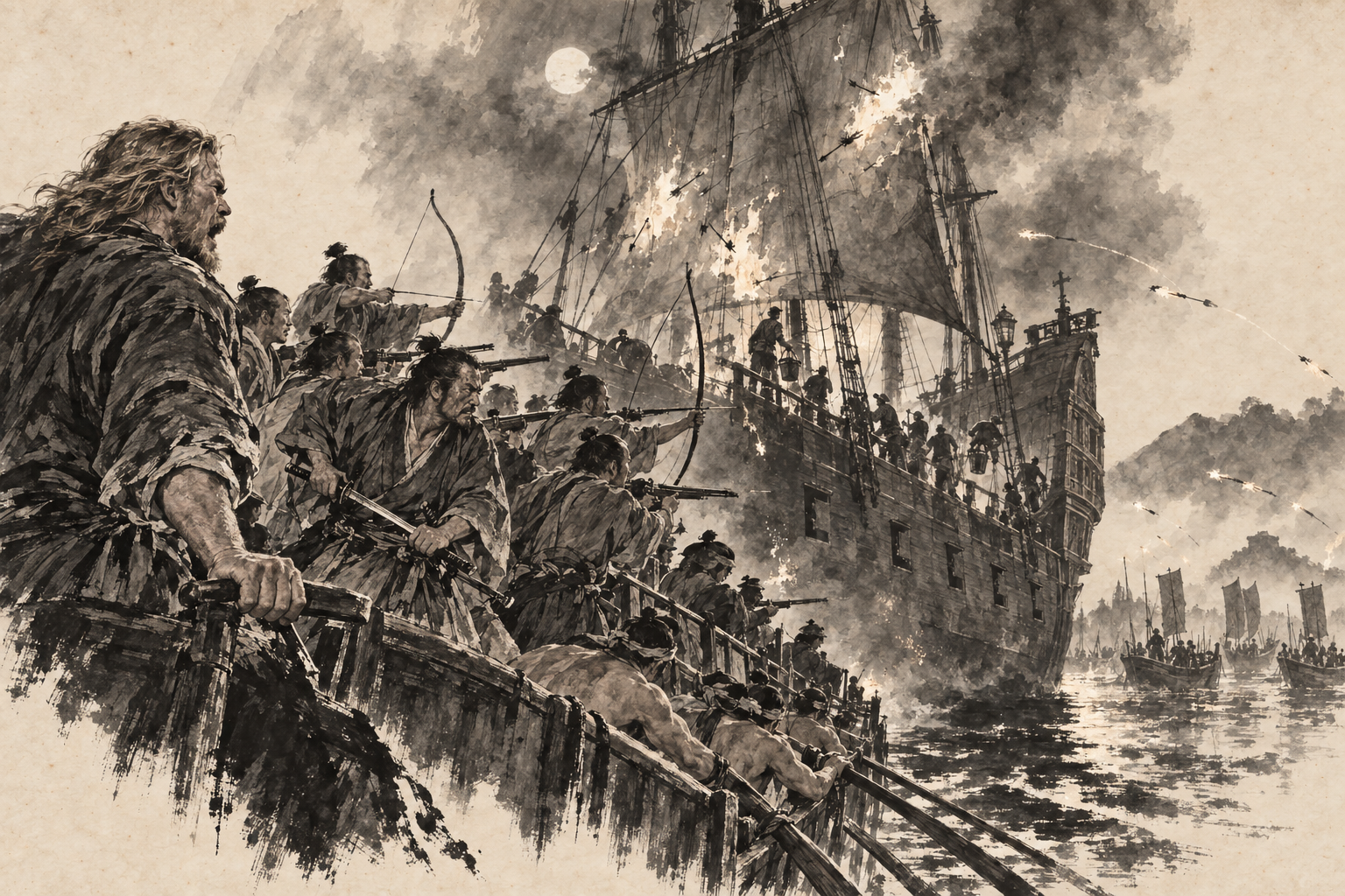 Fire arrows in the frigate's sails