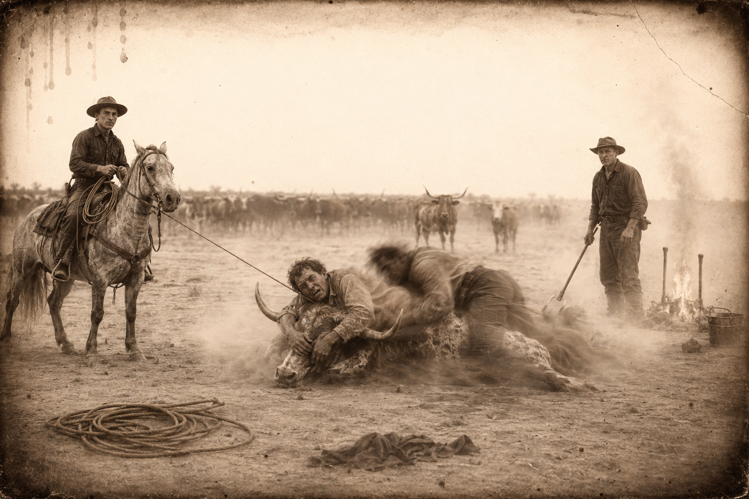 At the branding fire the O'Brien brothers fling themselves on a roped two-year-old bull, doing the ground work that no cowboy in the outfit will stoop to.