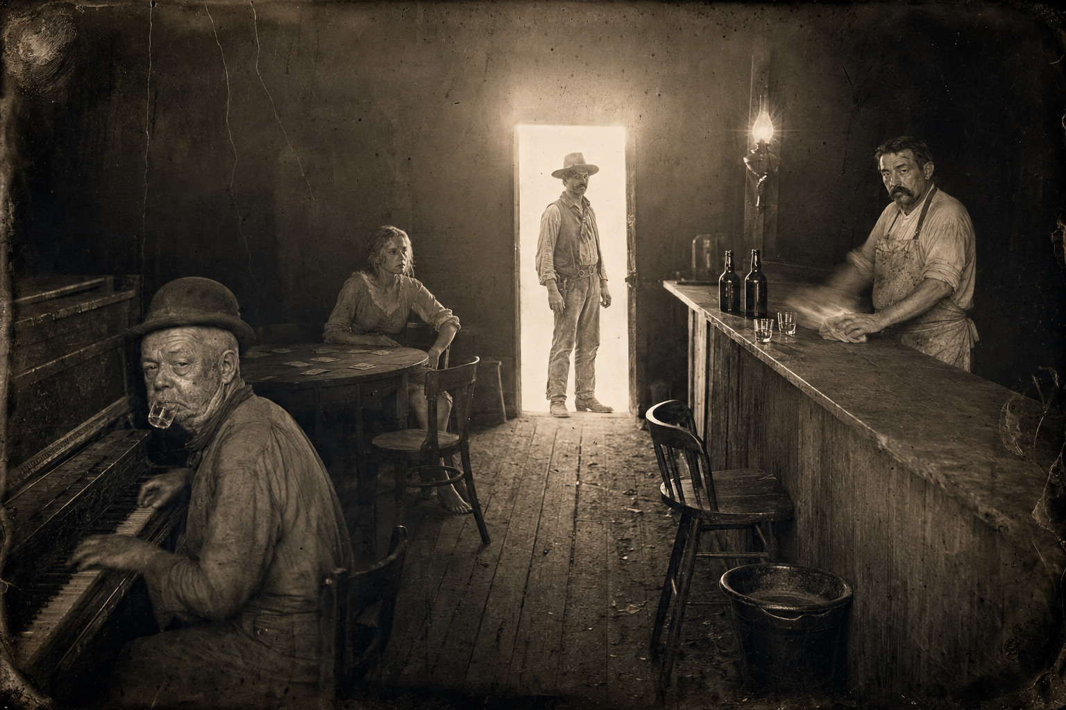 Jake Spoon steps in the door of the Dry Bean in a sulk, filthy with branding dust, and goes straight to the bar for a bottle and two glasses.