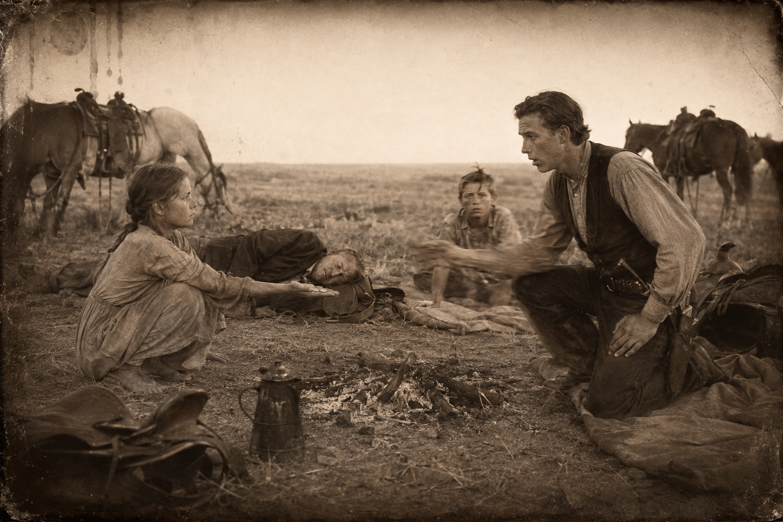 Twenty miles north of Fort Worth, Joe opens his eyes at first light and finds Janey squatting by the cold campfire, holding out the six dollars of board money for July to take back.