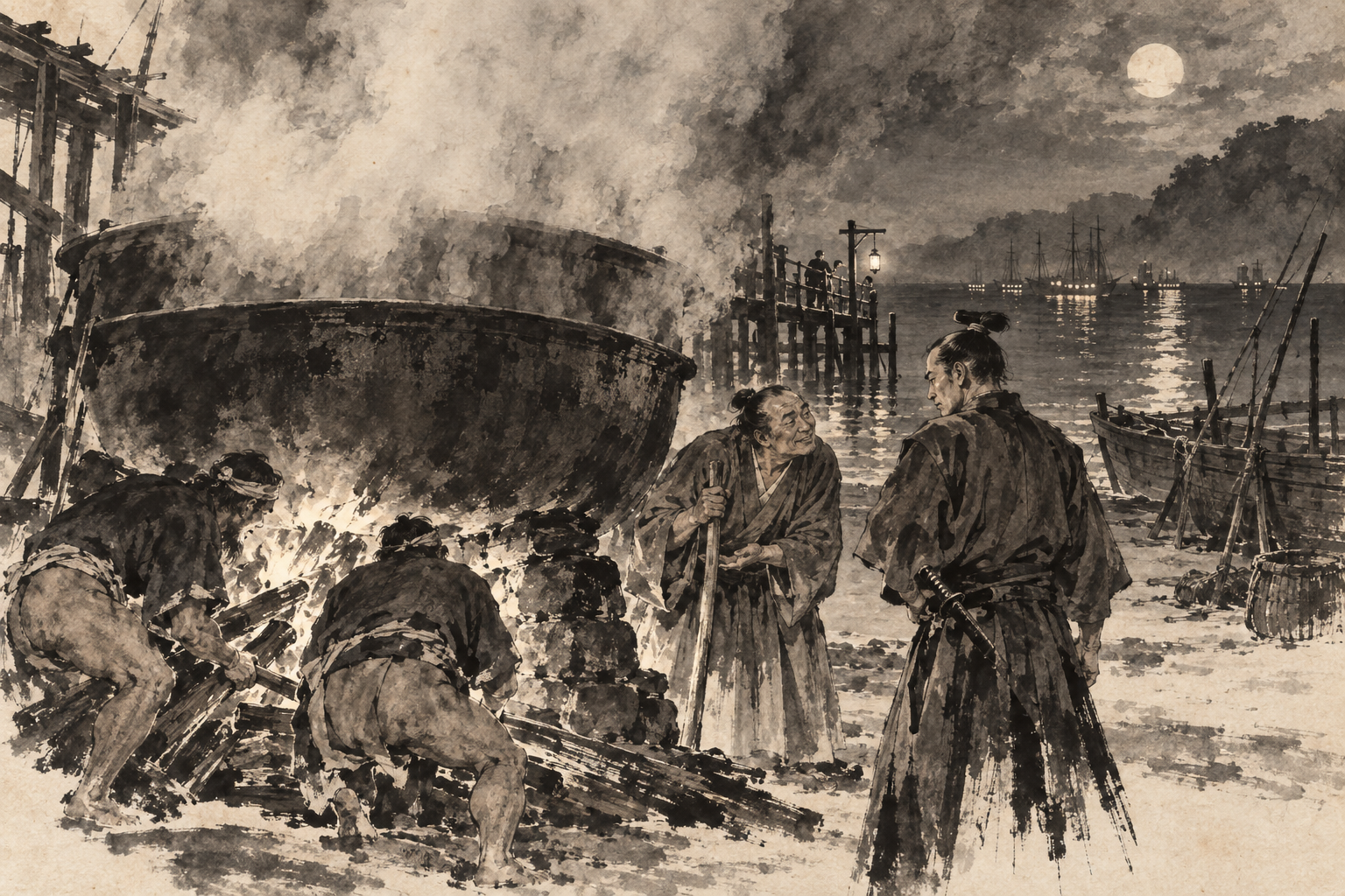 Fire and smoke at the rendering cauldron