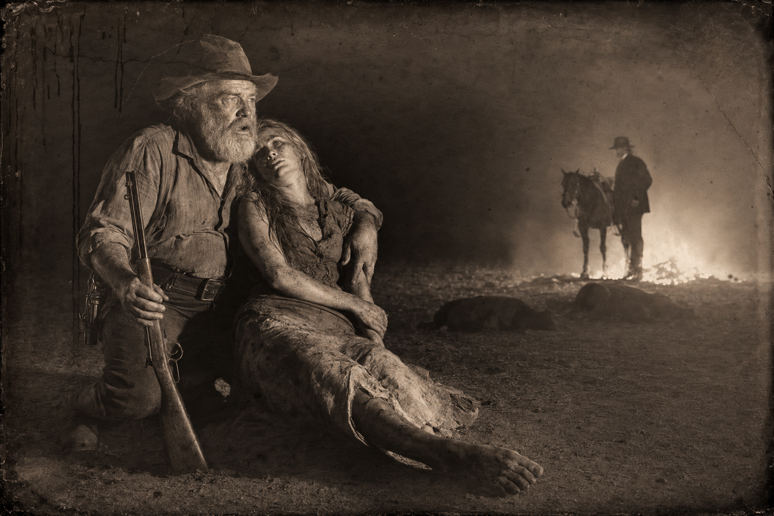 Gus turns Lorena over and holds her in his arms, rifle still in one hand, asking whether Blue Duck was there tonight; she can only nod.