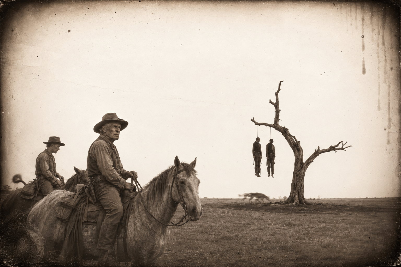 A few hours on, they come upon the two burned settlers still hanging in their tree, a coyote tugging at a foot to pull one down.