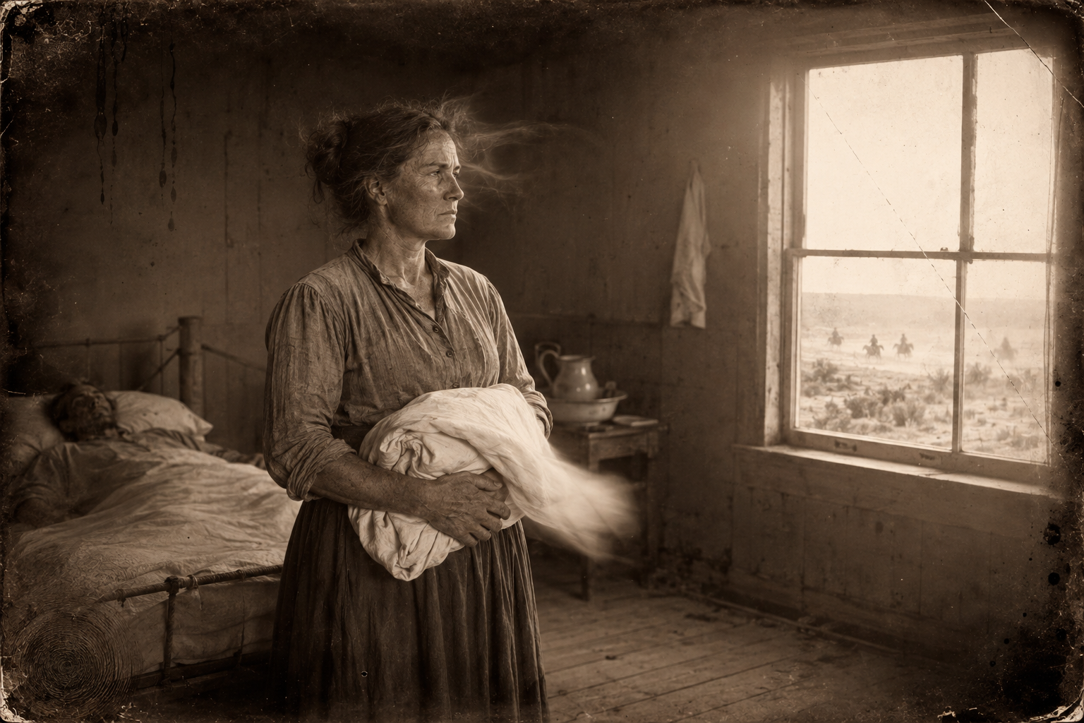 Clara stands at the upstairs window with a clean sheet in her hand and watches four riders come down the far north slopes of the Platte.