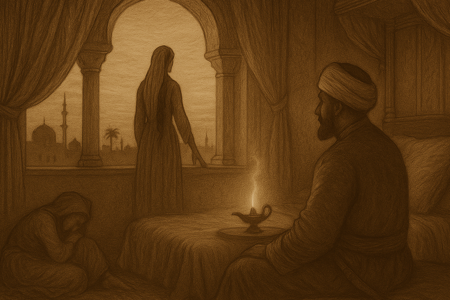Shahrazad standing by the great window of the king's chamber at first dawn, the king lying still and listening on the bed, the lamp guttering, the city of Baghdad beyond.