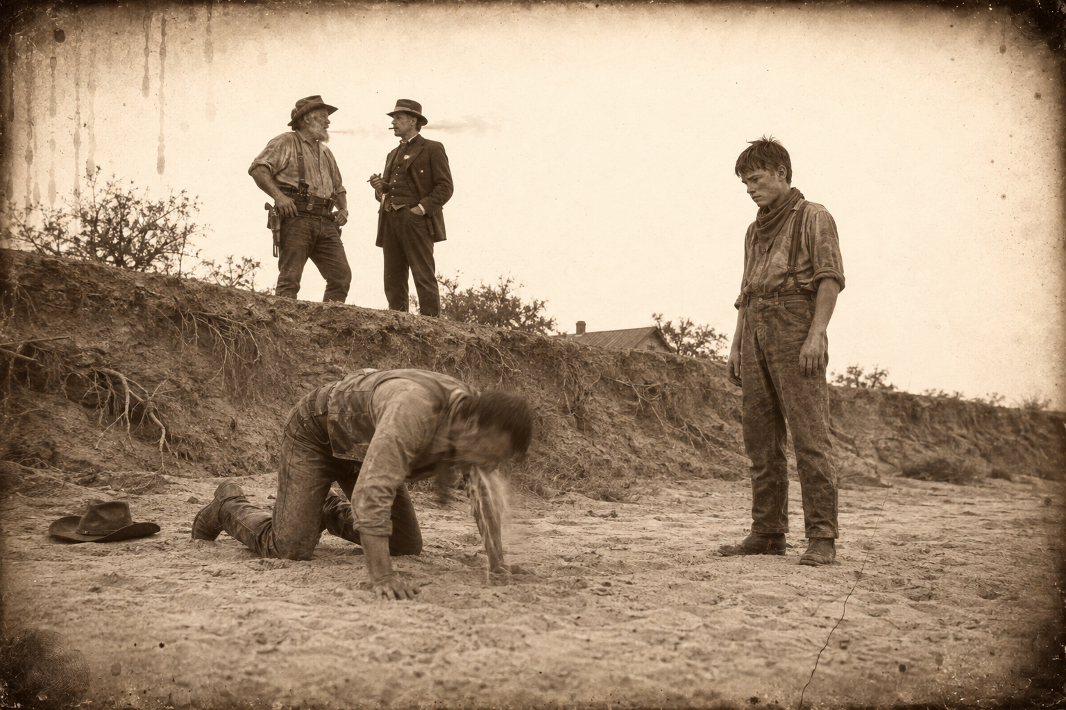 Down in the sandy bottom of Hat Creek, Dish Boggett on his hands and knees vomiting while Newt worries over him and Jake and Augustus chat amiably on the bank.