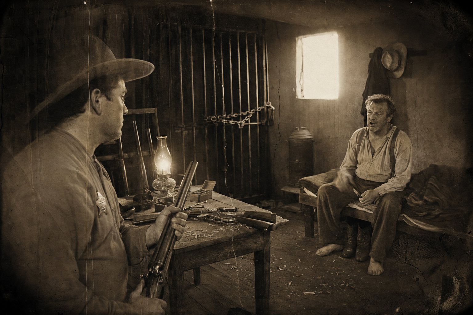 Roscoe, routed out of bed and barefoot in the jail, objects as July takes down the shotgun.