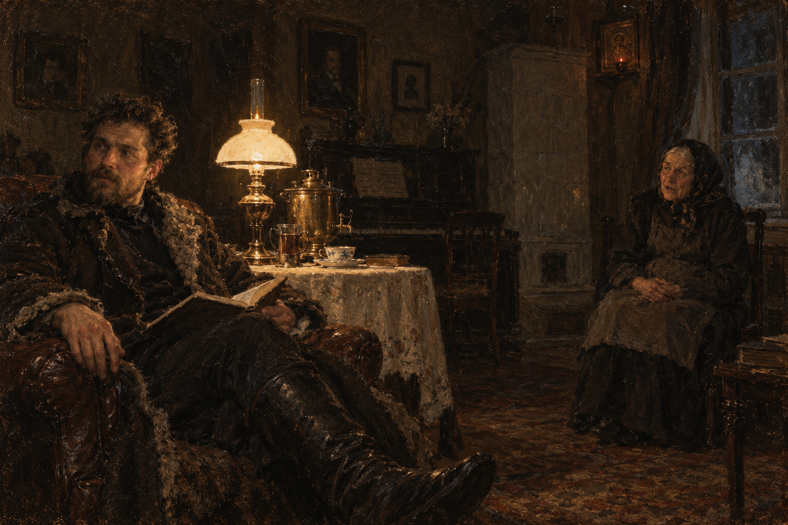 Tea, Tyndall, and Agatha Mikhaylovna at the window