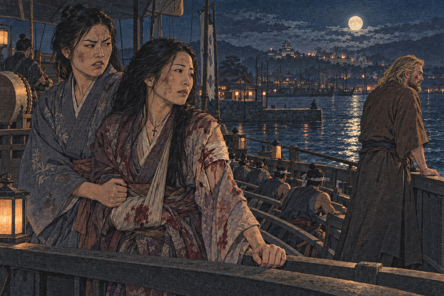 Mariko wounded, propped by Fujiko