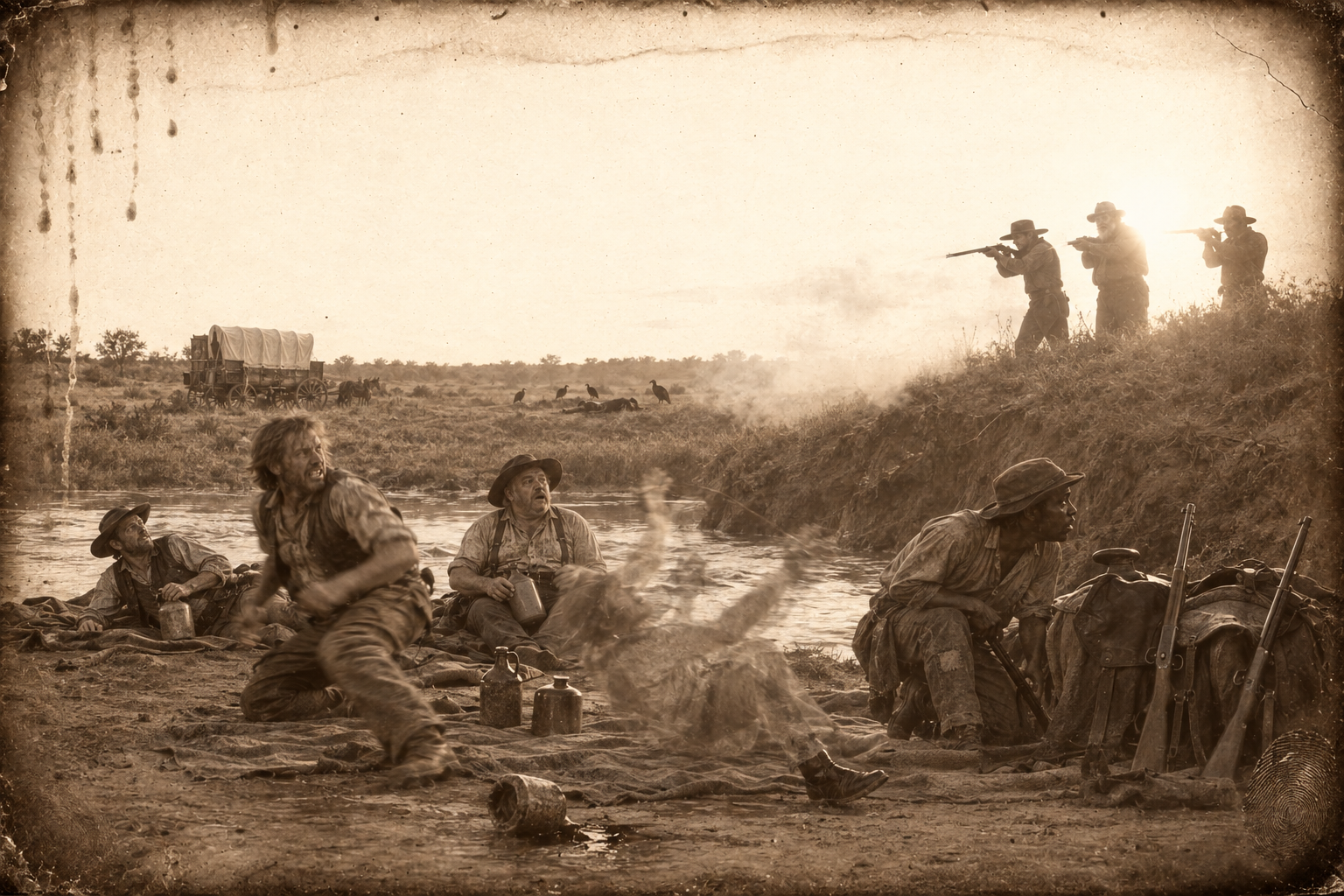 The surprise at the creek — three rifles level on the bank with the sun blinding behind them, and Deets's shot knocks little Eddie back off his saddle blanket.