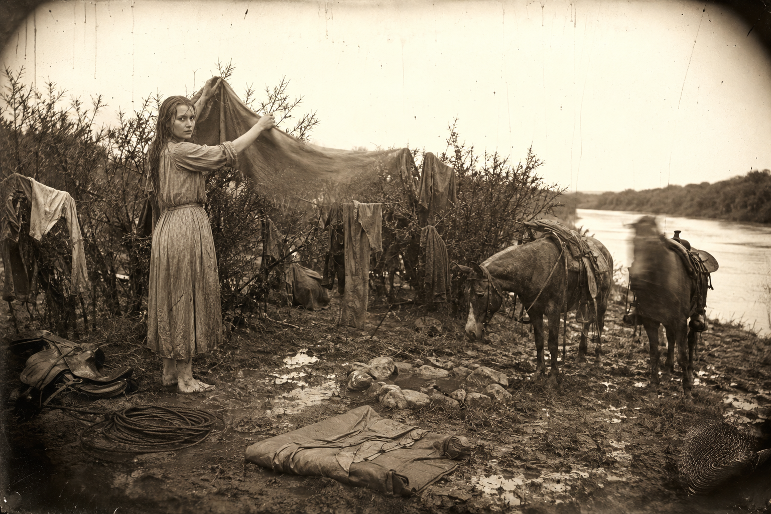 Early morning after the storm — Lorena spreads the soaked gear over the trees and bushes to dry.