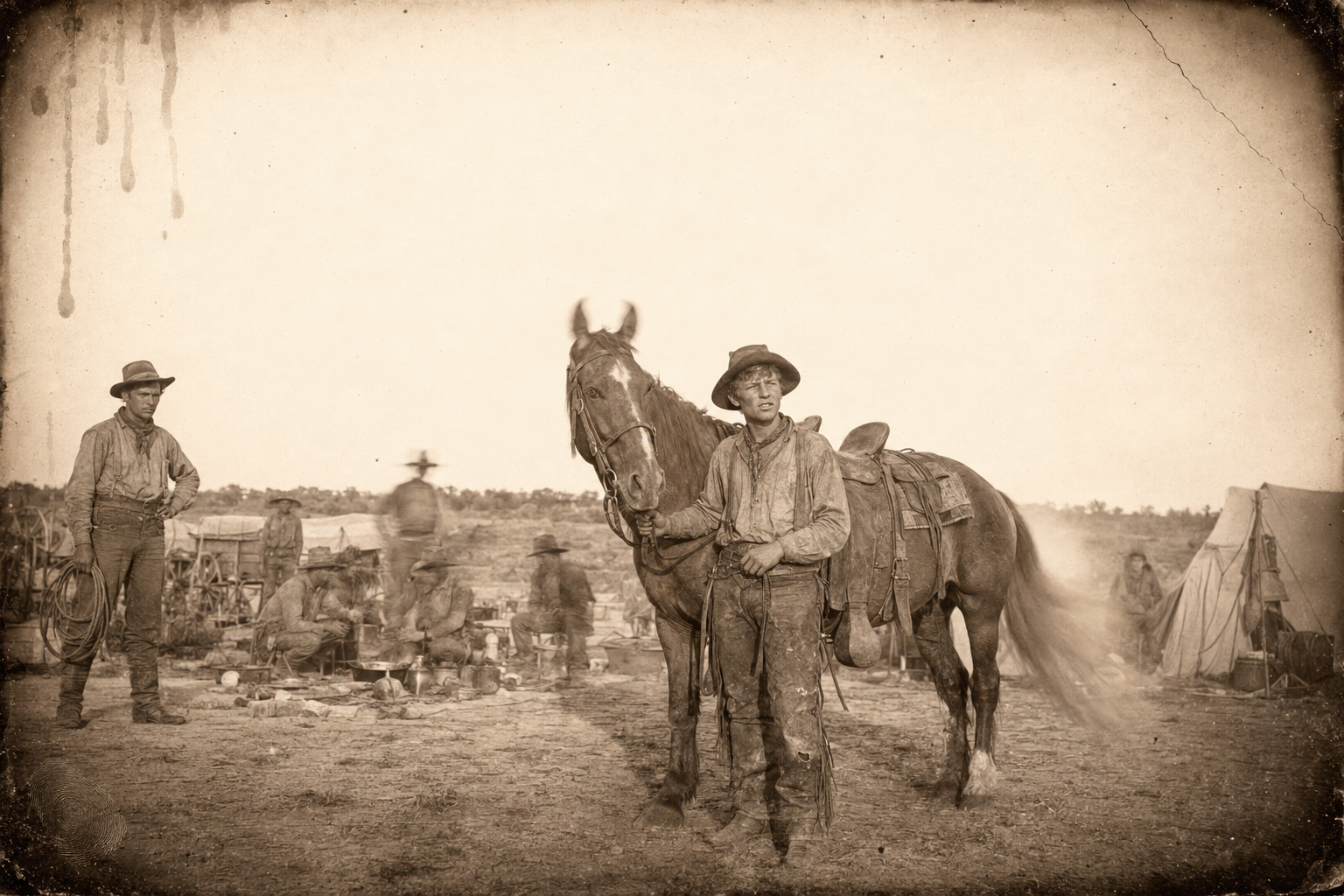 Newt shows off Candy, the sorrel Clara gave him on the Platte, to hands who got nothing out of Ogallala but a drunk.