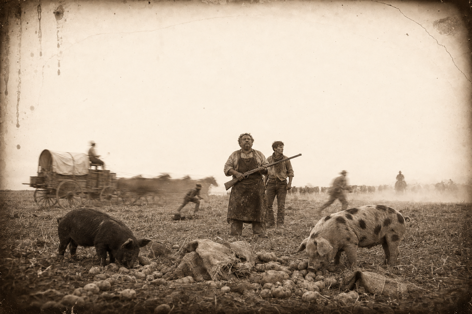 The outfit comes apart — the mules bolt three miles with Lippy aboard, the remuda runs south, thrown hands crawl about with pistols drawn, and the two pigs eat the potatoes that fell out of the wagon.