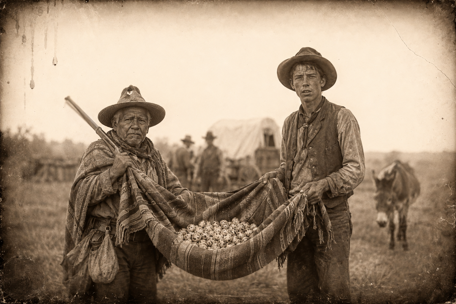Newt and Po Campo reach the wagon carrying the plover's eggs slung between them in the old man's serape, and Po Campo greets the outfit.
