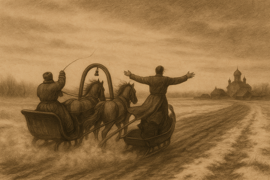 A racing troika carrying Mitya across the dark snow toward Mokroye.