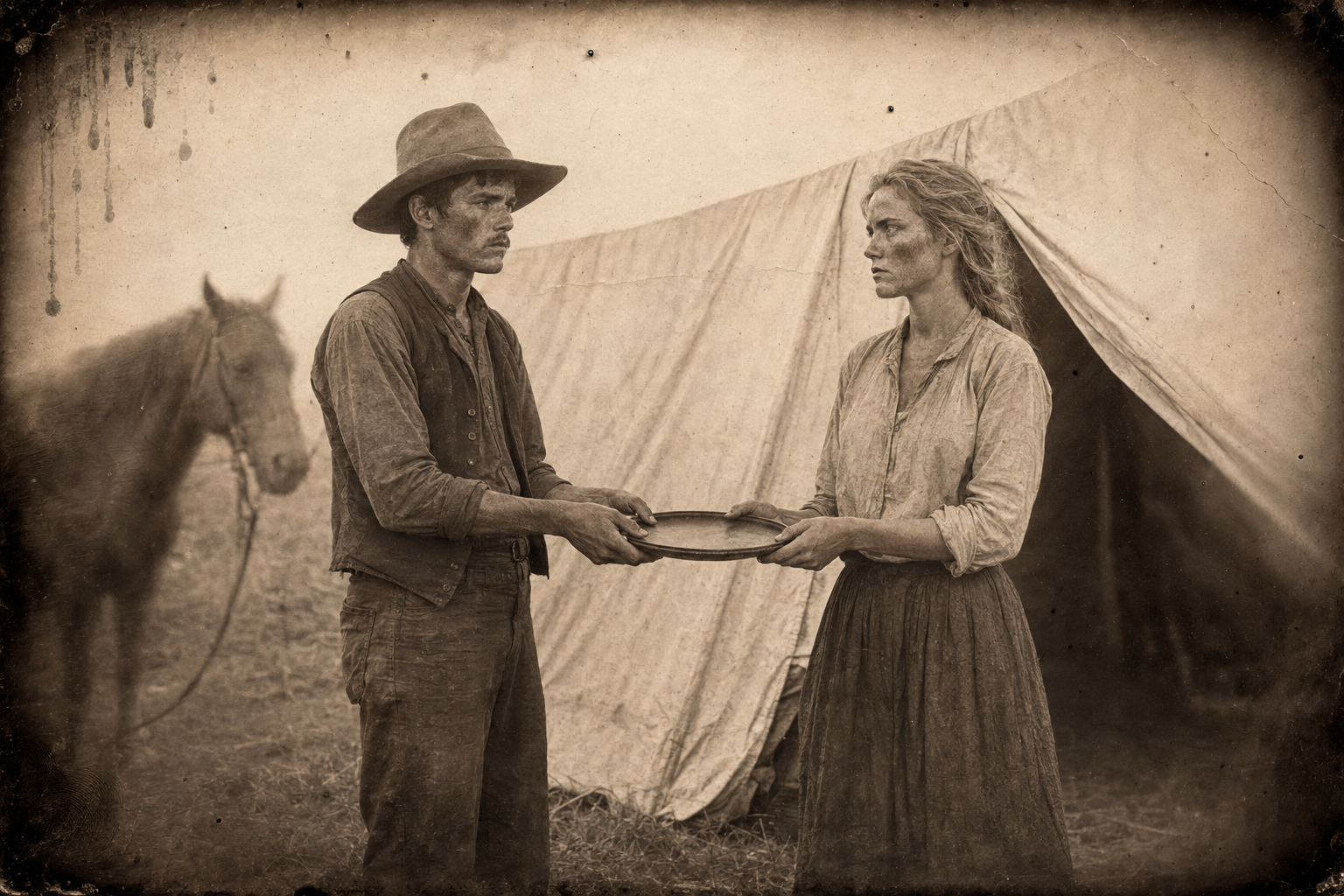 Lorena steps out of the tent and takes the plate; Dish, dismounted, is paralysed at being so close to her after months.