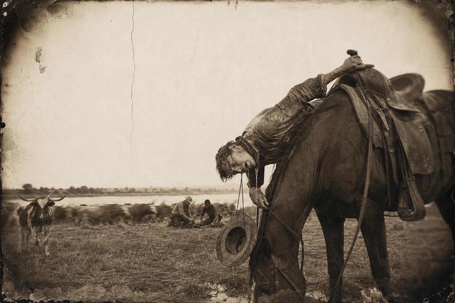 Holding the drifting cattle, Newt cries until he starts vomiting and has to lean over and be sick beneath his horse's neck, while behind him Augustus and Deets kneel with Sean.