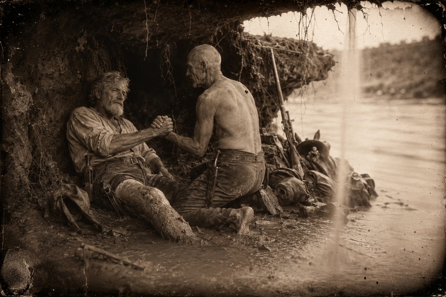 In the cave dug under the bank, with the flooded creek two yards away and his leg packed in mud, Augustus shakes Pea Eye's hand and sends him downstream for Call.