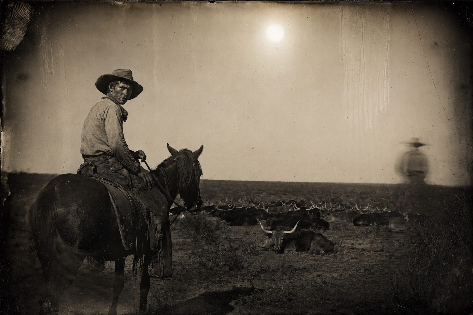 Newt night-herding, riding slowly around and around the bedded cattle with his mind gone north.
