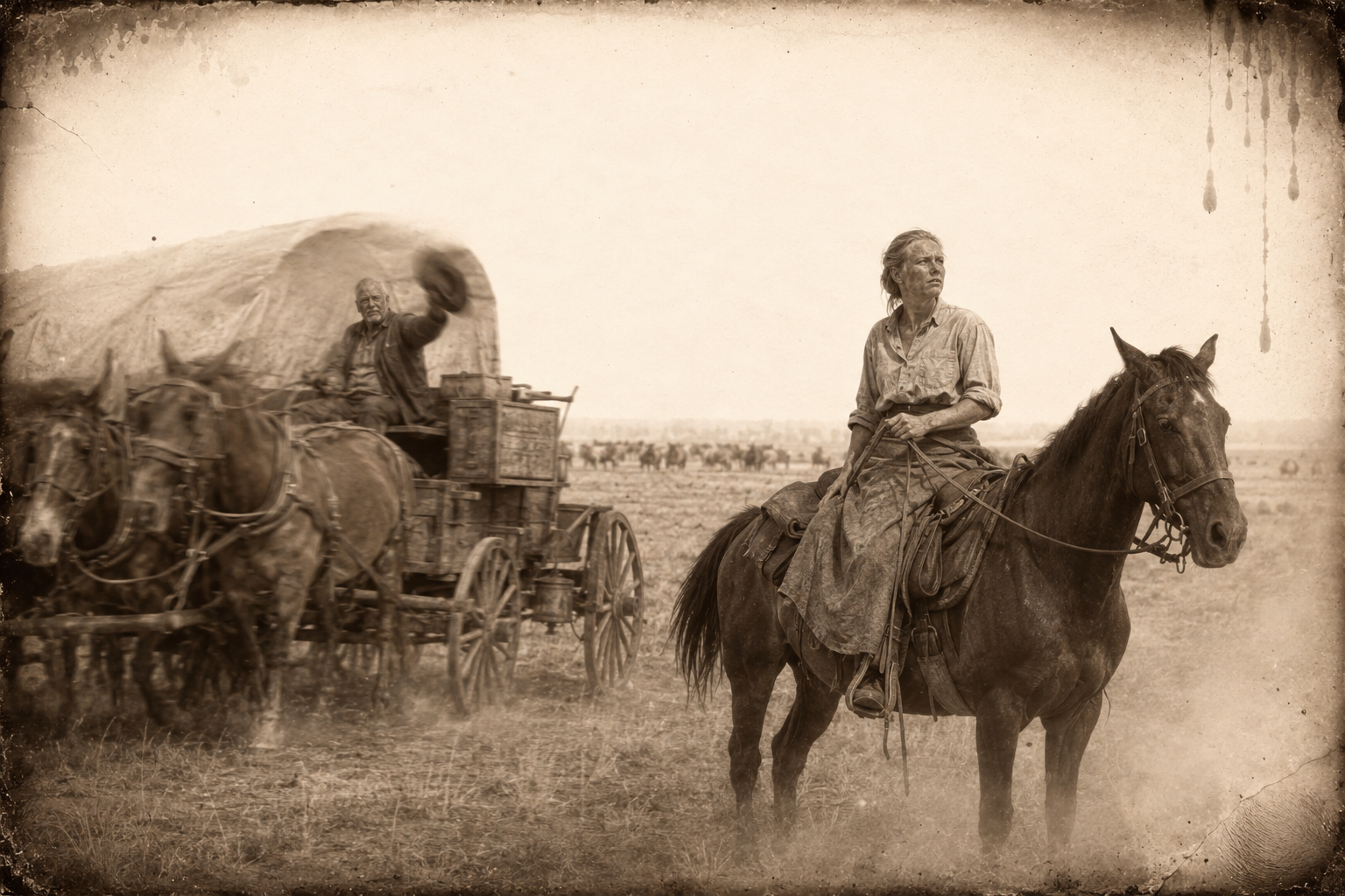Lorena rides beside the wagon through the day watching the shimmering horizon for Gus, while Lippy turns on the box and tips his filthy hat at her again and again.