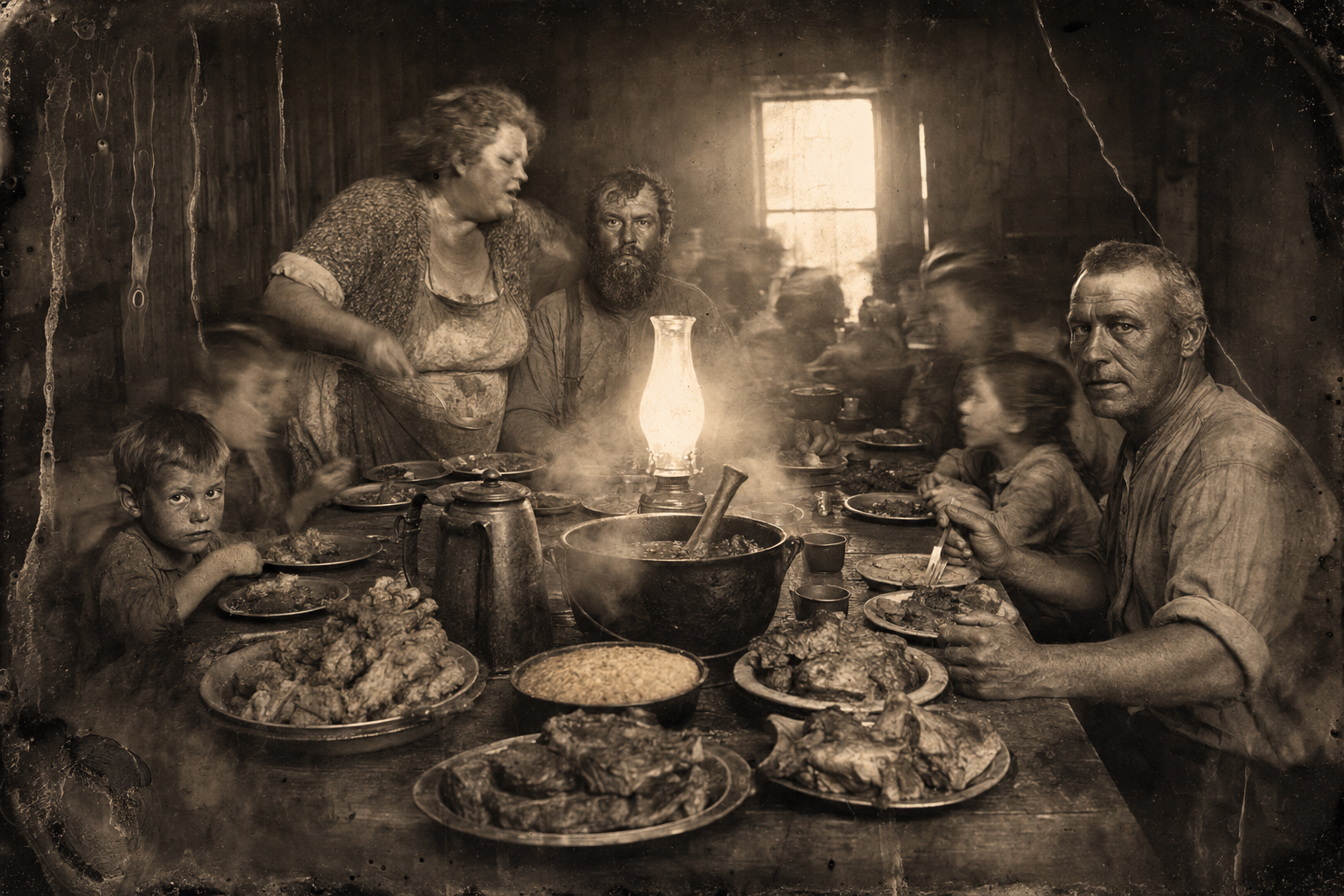 Supper at Maude Rainey's crowded table — beefsteak, pork chops, chicken, venison and the varmint stew with a possum in it.