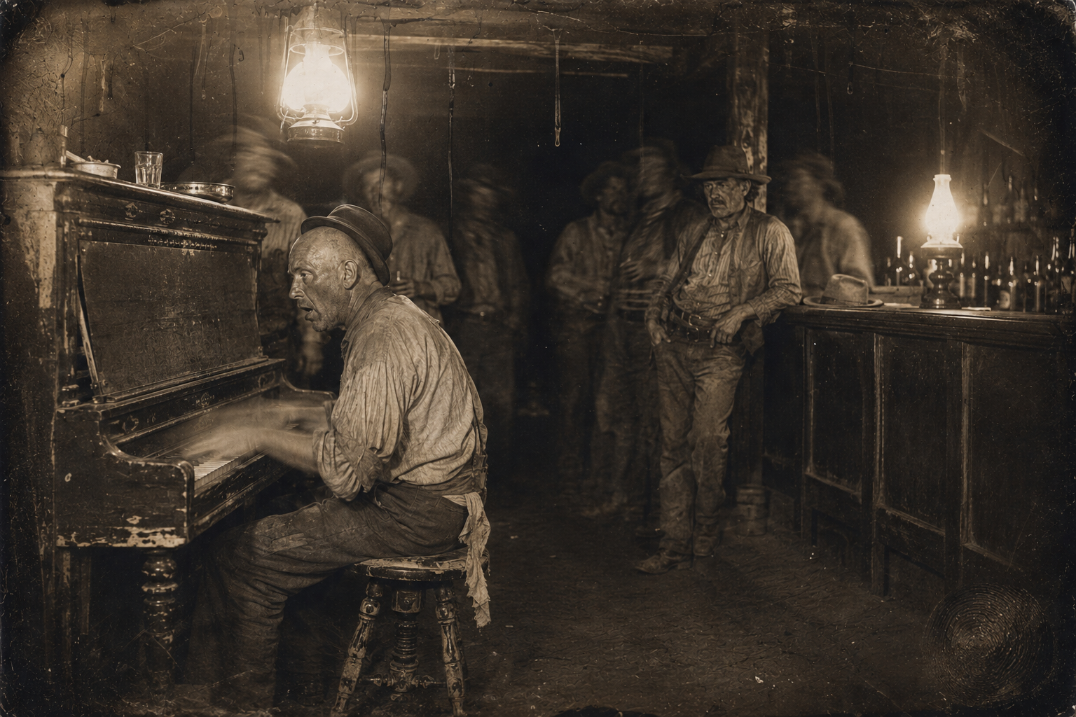 With the Hat Creek outfit gathering cattle, drifting cowboys fill the saloon at night and keep Lippy busy at the keyboard, pounding out every song requested.