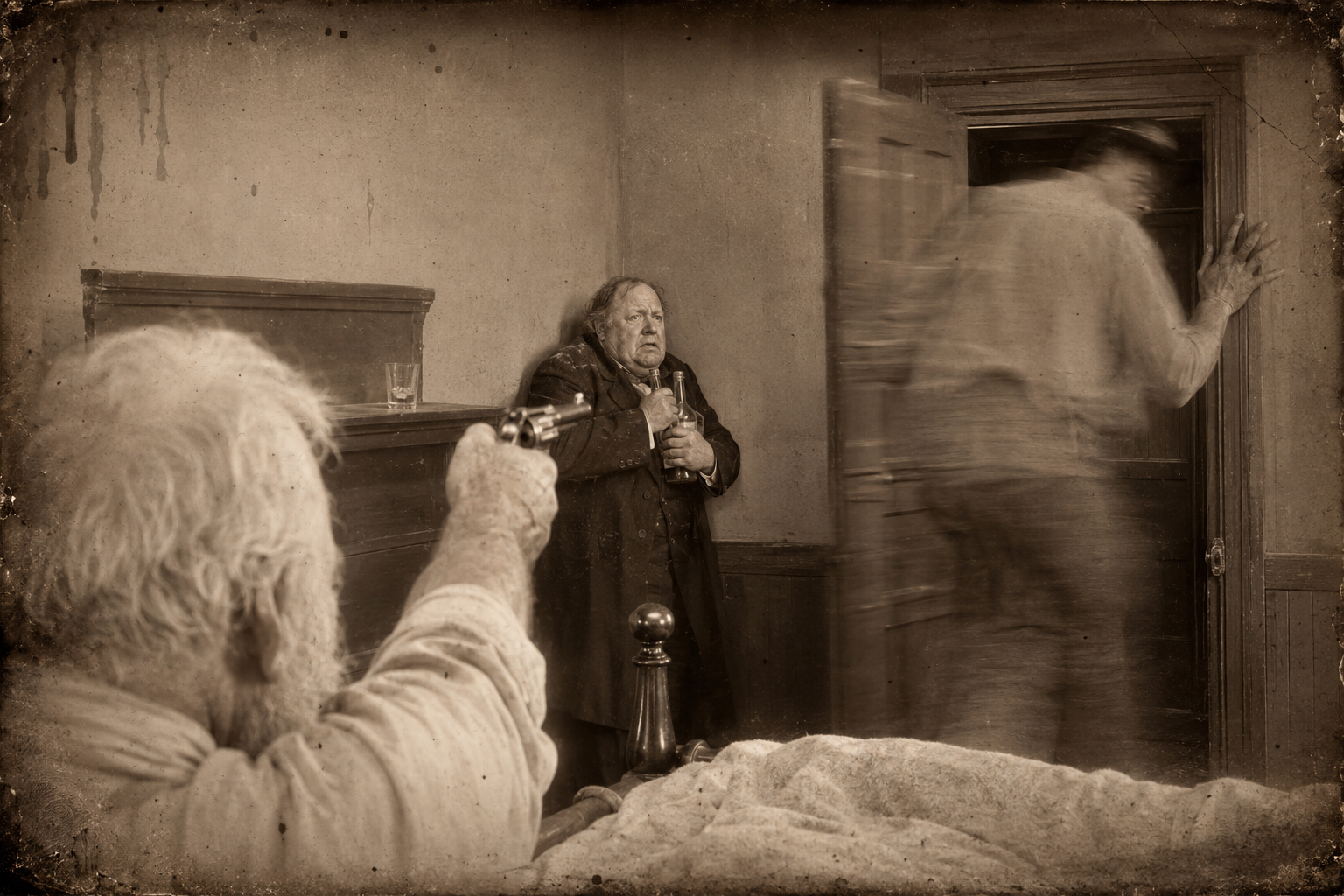 Augustus levels the cocked pistol at Jim and the young giant leaves so fast he forgets to stoop and strikes his head on the door frame.
