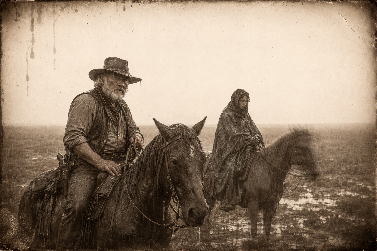 The second day out, the rains strike, and Augustus and Lorena ride east through the cold downpour with Lorena wrapped in the crude poncho he cut for her out of a buffalo hunter's tarp.