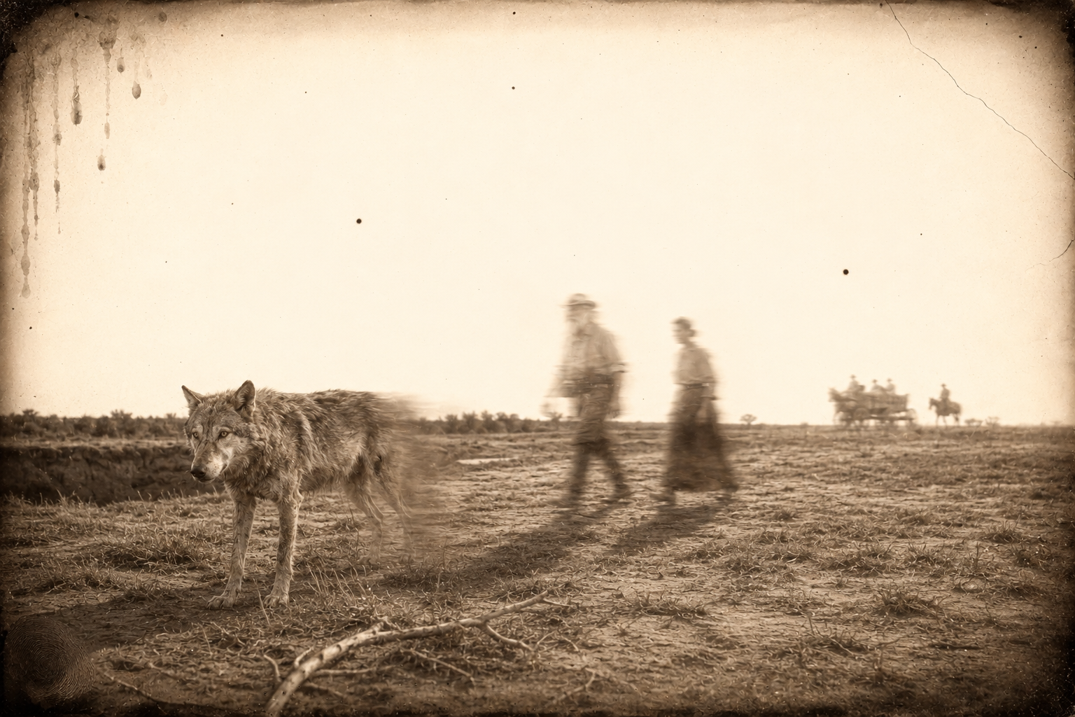 Walking home behind the wagon, Clara tells Gus to leave Lorena with her and that Newt is plainly Call's son — and a big grey wolf lopes up out of the riverbed, looks at them, and lopes on.