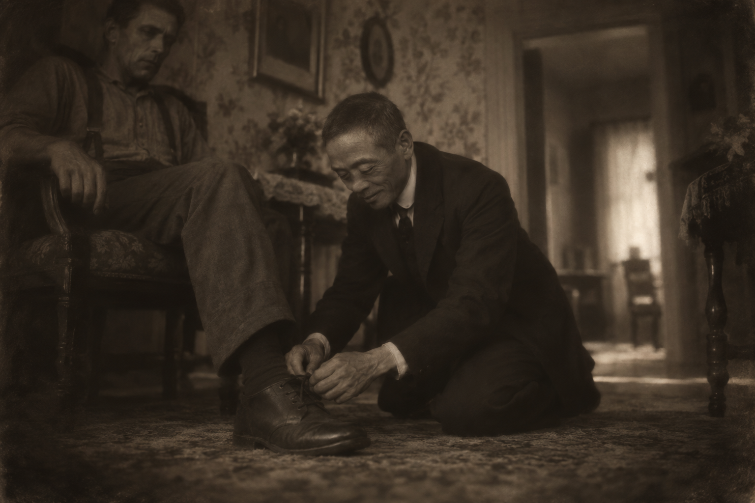 Tying his shoes