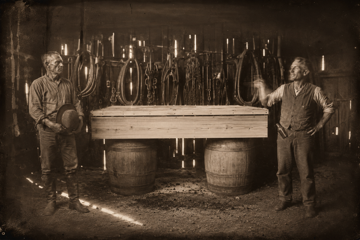 The nailed coffin is set on two empty barrels in Dr. Mobley's harness shed, and the drunk doctor says people always squirm out of promises made to the dead.