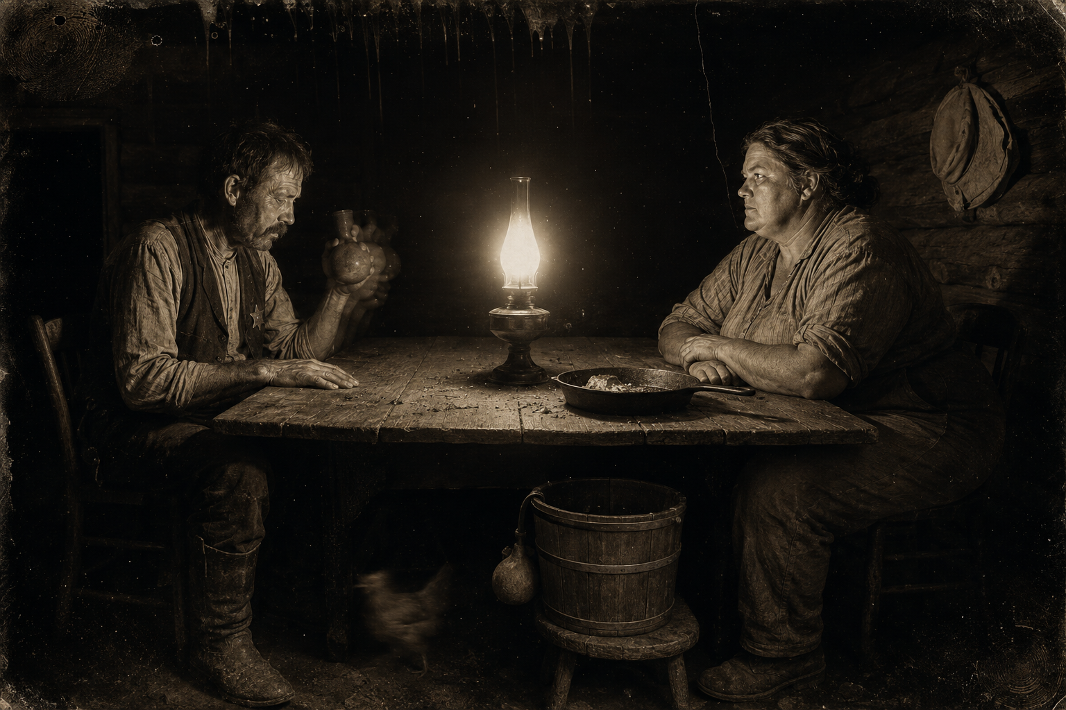 Supper in the cabin — dry corn bread eaten out of the pan by coal-oil light, and Louisa proposing marriage across the table on a trial basis.