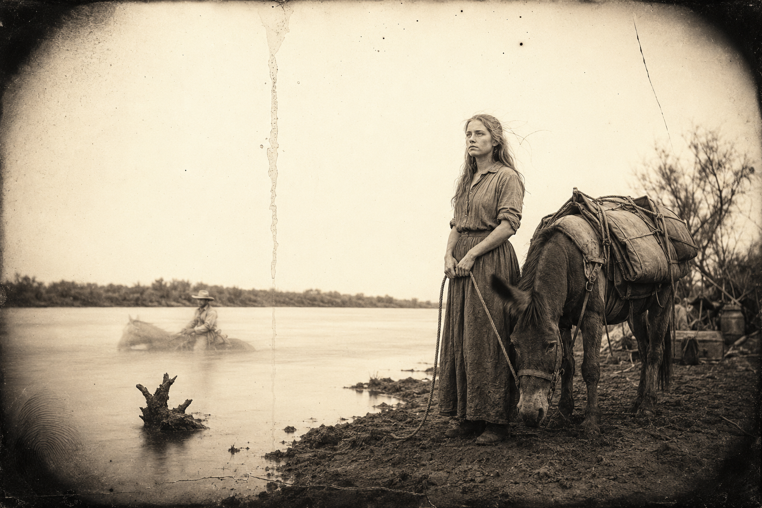 Having told her to come find him by the dust if Jake ever runs off, Augustus swims the muddy river away from camp while Lorena watches from the bank beside the pack mule.