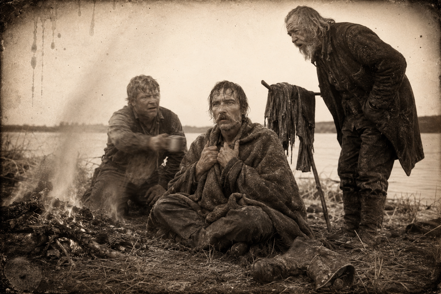 Jasper Fant, blue with cold after being spilled into the Missouri, is wrapped in blankets at the great fire on the north bank while Old Hugh Auld explains that he could have waded out.